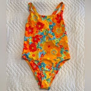 Kulani Kinis Cheeky Cross Back One Piece Swimsuit Rumba Rose Neon Floral Small